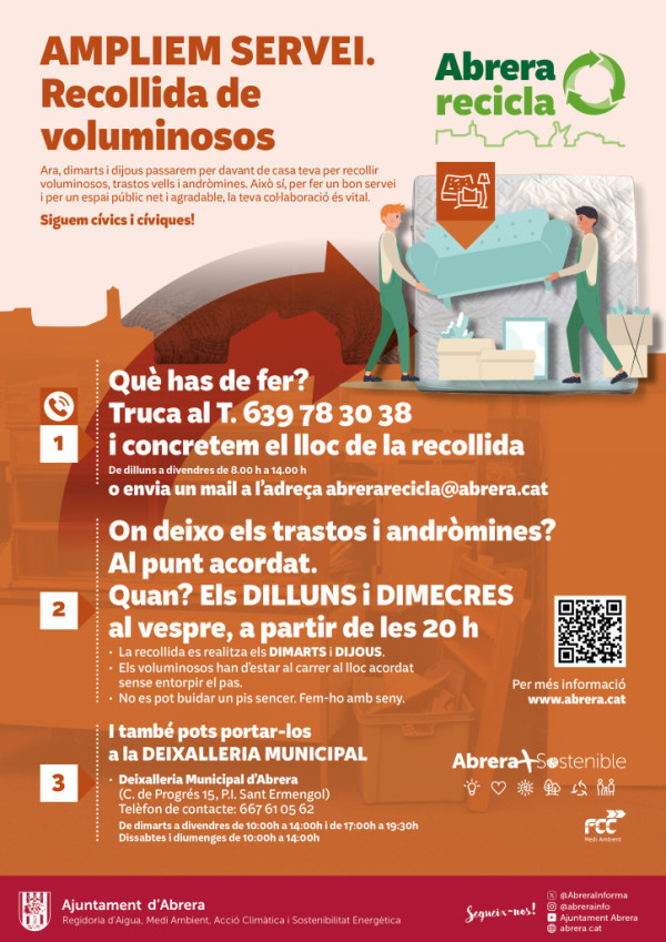 Siguem cívics i mantinguem el nostre entorn net i agradable per a tothom! Ampliem el servei de recollida de voluminosos i andròmines al nostre municipi