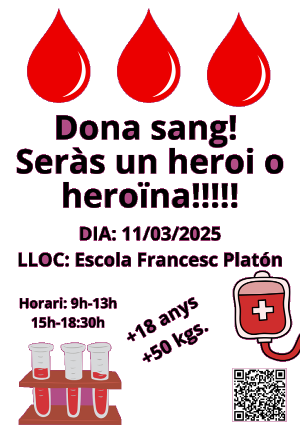 Donar sang salva vides! L'Escola Francesc Platón i Sartí d'Abrera organitza una nova campanya de donació de sang aquest dimarts 11 de març de 2025. Veniu a donar sang!