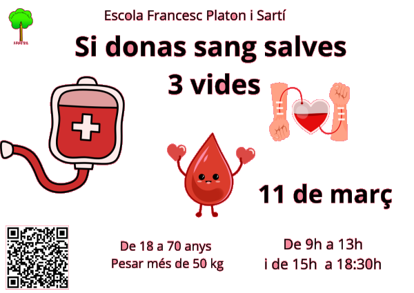 Donar sang salva vides! L'Escola Francesc Platón i Sartí d'Abrera organitza una nova campanya de donació de sang aquest dimarts 11 de març de 2025. Veniu a donar sang!