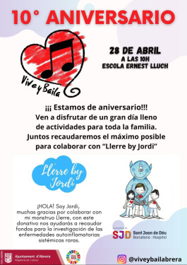 L’entitat Vive y Baila d'Abrera celebrarà el seu 10è aniversari amb una festa solidària, el proper diumenge 28 d'abril, a favor de l'entitat Llerre By Jordi