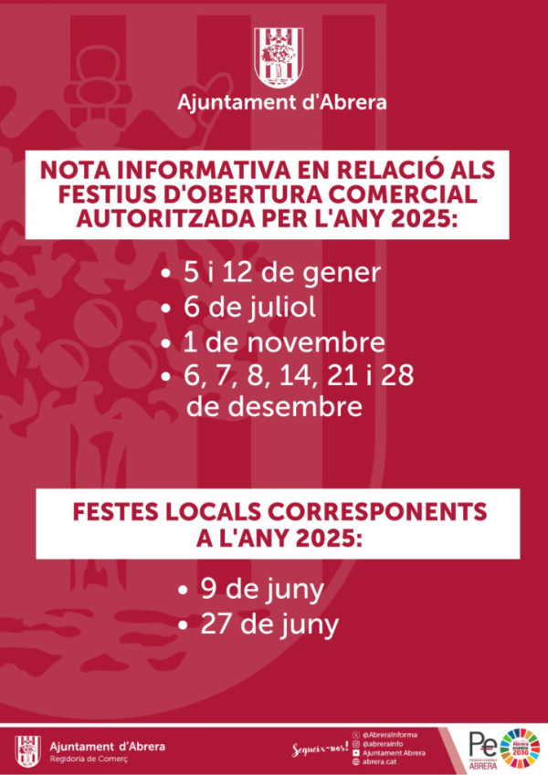 Festius Abrera 2025 - Festius amb obertura comercial autoritzada