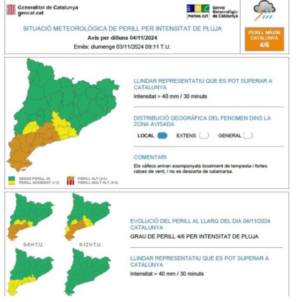 Previsió de pluges intenses. Dilluns 4 de novembre de 2024