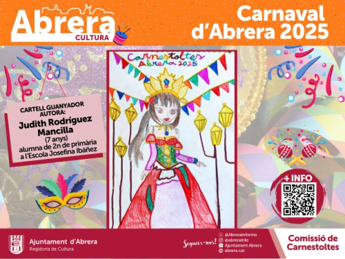 Viu el Carnaval a Abrera! Felicitem la Judit Rodríguez Mancilla, de l'Escola Josefina Ibáñez, guanyadora del Concurs de Cartells de Carnaval d'Abrera 2025!