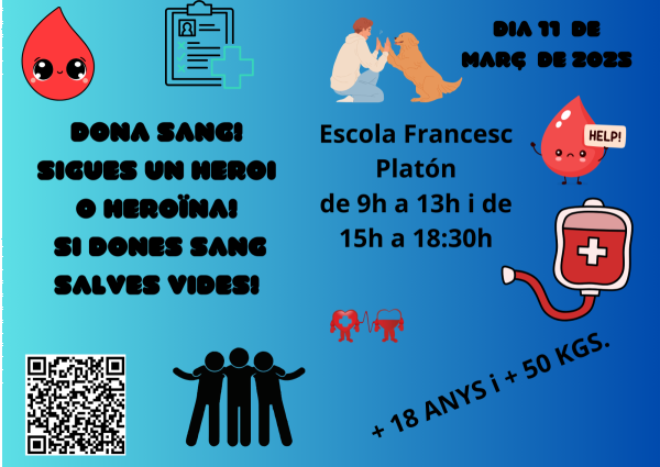 Donar sang salva vides! L'Escola Francesc Platón i Sartí d'Abrera organitza una nova campanya de donació de sang aquest dimarts 11 de març de 2025. Veniu a donar sang!