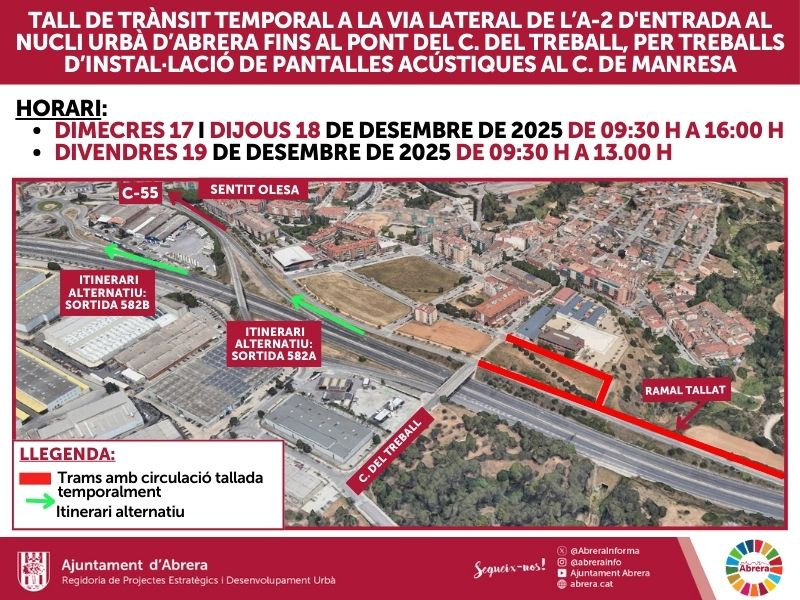 Dimecres 17, dijous 18 i divendres 19 de desembre de 2025, queda tallat temporalment, en horari diürn, la via lateral d'accés a Abrera fins al pont del Treball