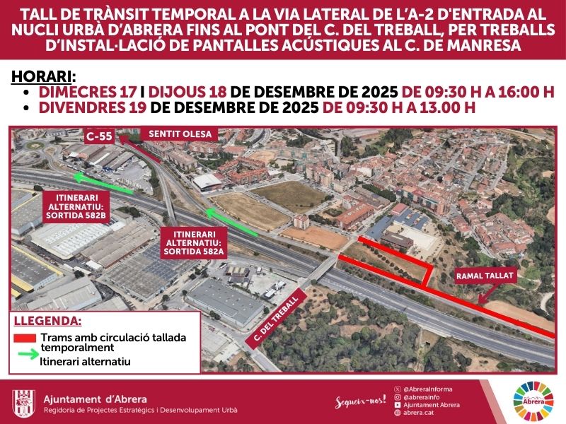 Dimecres 17, dijous 18 i divendres 19 de desembre de 2025, queda tallat temporalment, en horari diürn, la via lateral d'accés a Abrera fins al pont del Treball