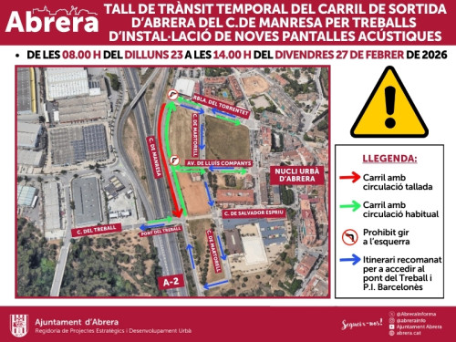 Tall temporal del carril de sortida del carrer de Manresa per obres de pantalles acústiques, del dilluns 23 al divendres 27 de febrer
