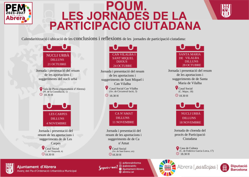 Avanç del POUM. Calendari de les jornades de participació ciutadana