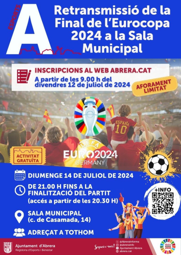 Abrera amb l'esport! La Sala Municipal acollirà, el diumenge 14 de juliol, la retransmissió de la final de l'Eurocopa 2024