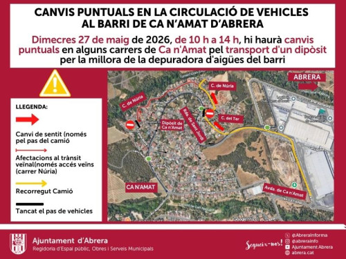 Aquest dimecres 27 de maig tindran lloc canvis puntuals de trànsit en alguns carrers del barri de Ca n'Amat pel transport d'un dipòsit per la millora de la depuradora d'aigües de Ca n'Amat