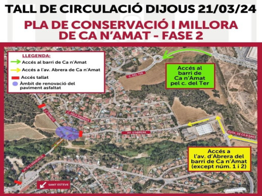 Tall de circulació, aquest dijous 21 de març, en trams de l'av. d'Abrera, c. d'Aneto i av. de l'Associació del barri de Ca n'Amat per obres d'asfaltatge