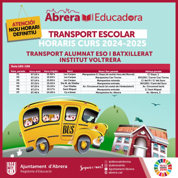 Nou horari definitiu del transport escolar rutes 105 i 106 d'Abrera