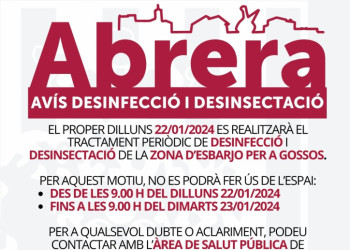 La zona d’esbarjo de gossos d'Abrera es tancarà el proper dilluns 22 de gener de 2024, per un tractament de desinfecció i desinsectació