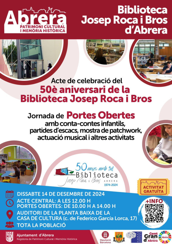 La Biblioteca Josep Roca i Bros d'Abrera celebra el seu 50è aniversari el dissabte 14 de desembre de 2024