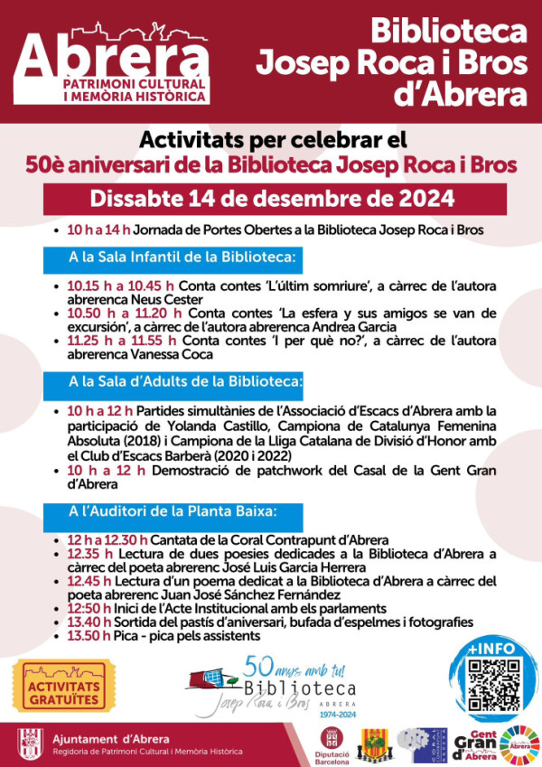 La Biblioteca Josep Roca i Bros d'Abrera celebra el seu 50è aniversari el dissabte 14 de desembre de 2024