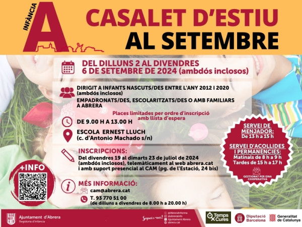 Els i les infants i joves d'Abrera podran gaudir del Casalet d'Estiu de Setembre del dilluns 2 al divendres 6 de setembre a l'Escola Ernest Lluch