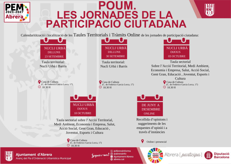 Avanç del POUM. Calendari de les jornades de participació ciutadana