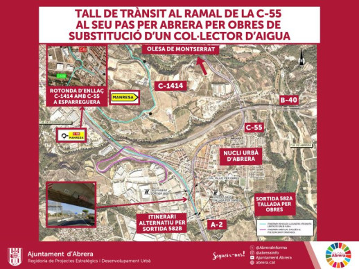 Tallat al trànsit el ramal d’entrada a la C-55 des de l’A-2, en sentit Olesa de Montserrat - Manresa